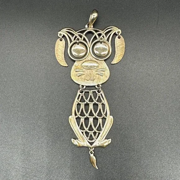 Vintage 1970s Kitsch Dog Pendant Swinging Articulated Movable Jewelry Statement - Picture 2 of 7